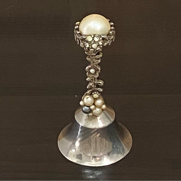 Vintage Collectible Faux Pearl Silver-plate Hand Bell - Picture 1 of 10